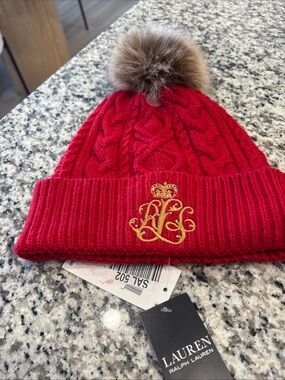 Polo by Ralph Lauren Red Cable-Knit Pom Beanie with Gold Monogram